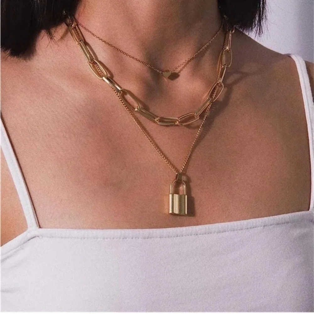 GOLD 14k Gold Plated Heart & Lock Layered Necklace